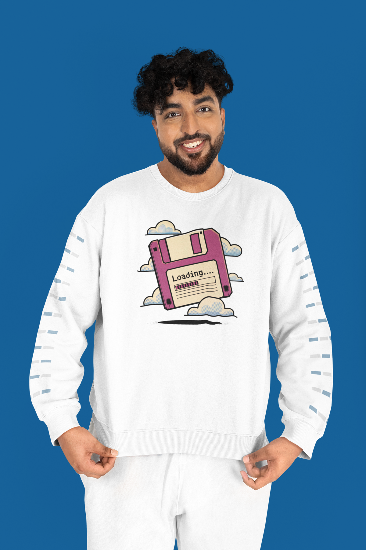'Loading' floppy disk sweatshirt in white, curly haired man on blue background, funny tech gift