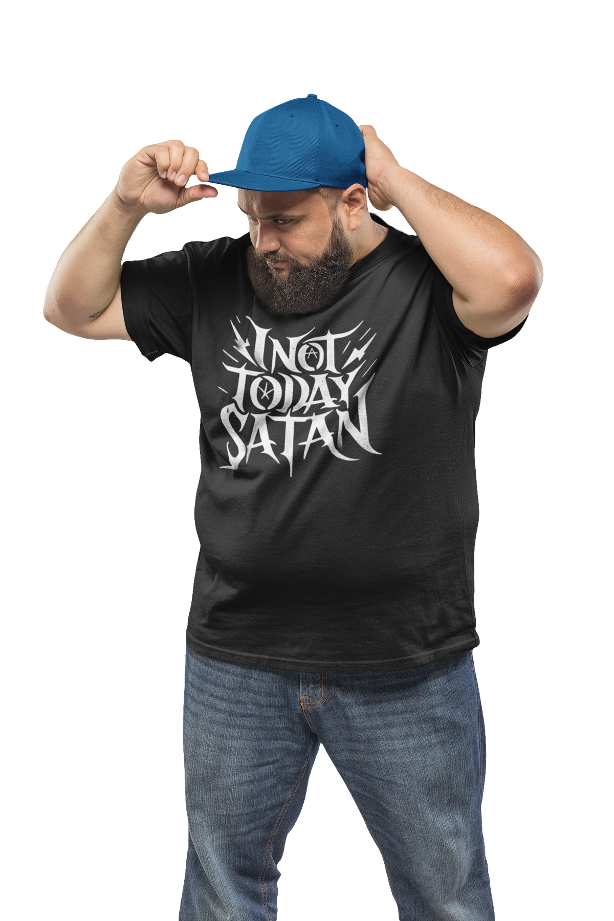 'Not Today Satan' t-shirt in black, man wearing it with cap, funny sarcastic tee gift for him