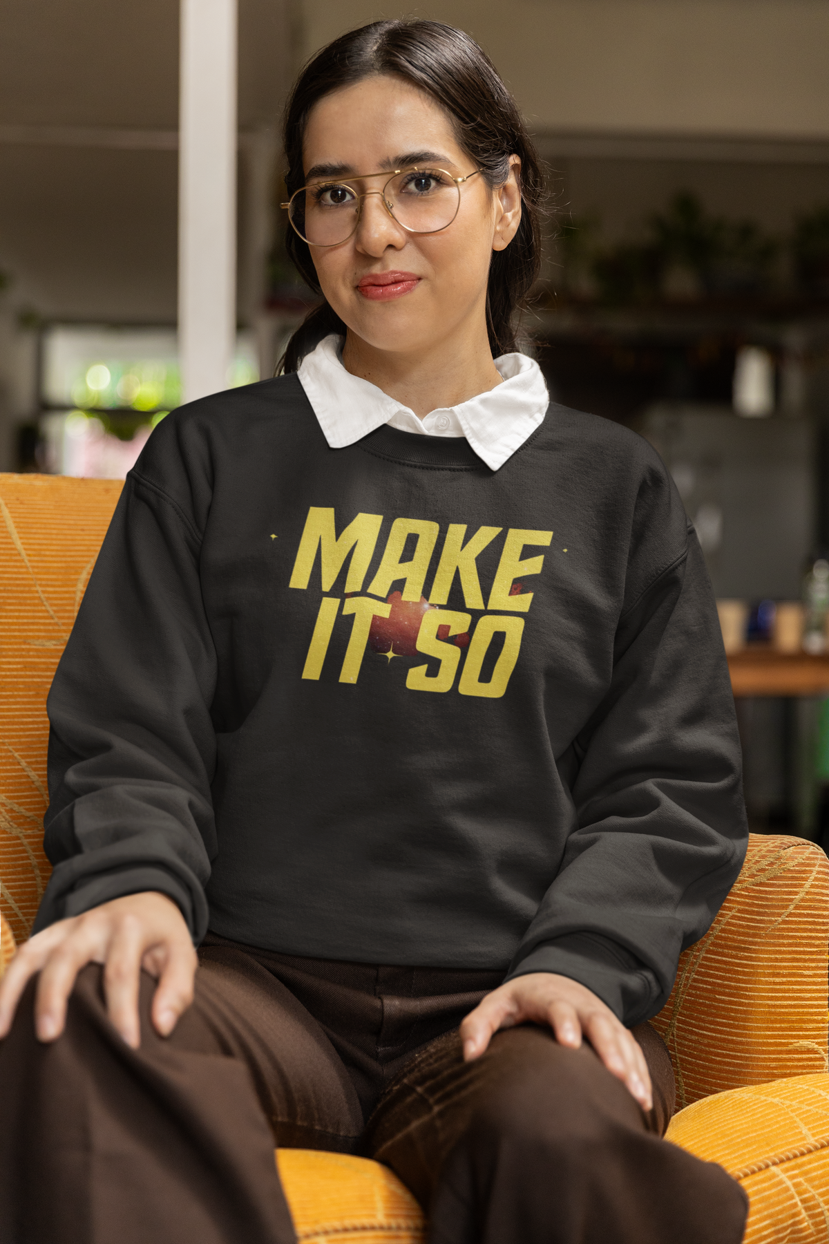 "Make It So" sweatshirt in charcoal, woman modeling it indoors, funny gift for sci-fi fans