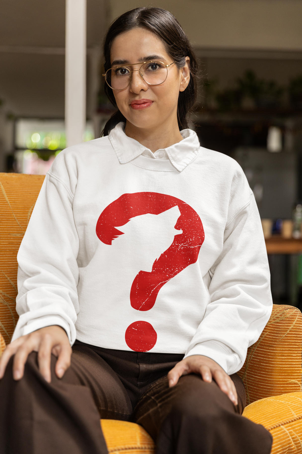 Wolf question mark sweatshirt in white, woman wearing it, funny wolf lover gift