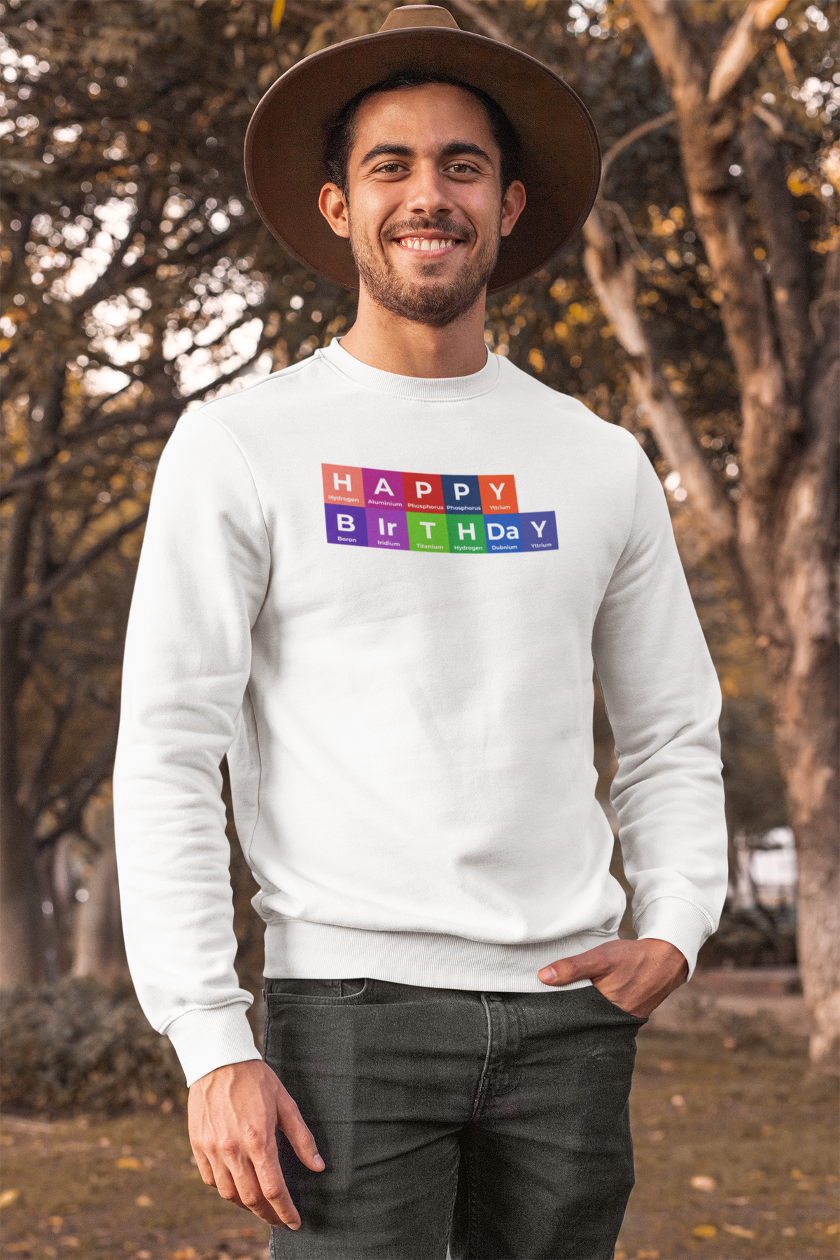 'Happy Birthday' periodic table sweatshirt in white, man wearing it outdoors, funny chemistry pun gift