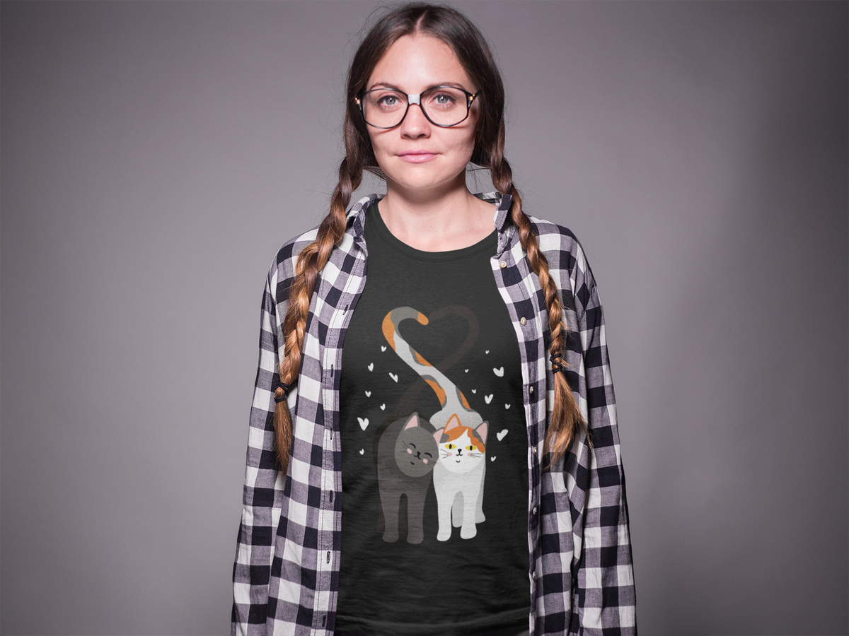 'In Love Cats' t-shirt in black, man wearing it on teal backdrop, funny cat lover gift idea
