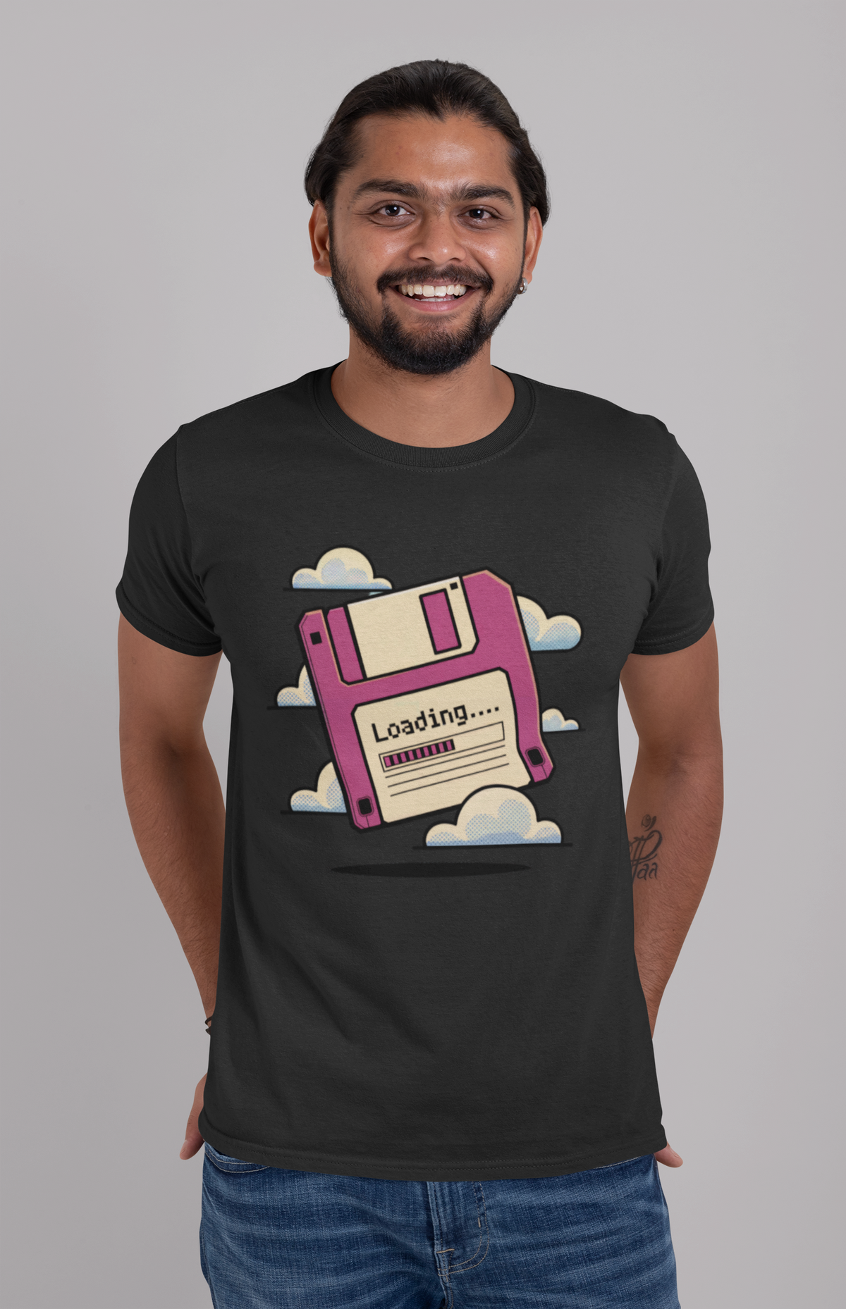 'Loading...' floppy disk T-Shirt in charcoal, man wearing it, studio shot, funny programmer gift