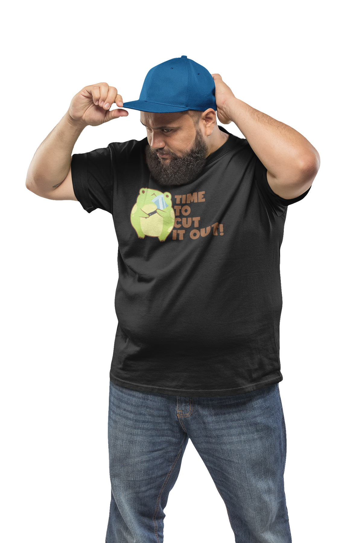 'Time to Cut It Out' frog t-shirt in black, man wearing it adjusting a cap, funny pun shirt gift
