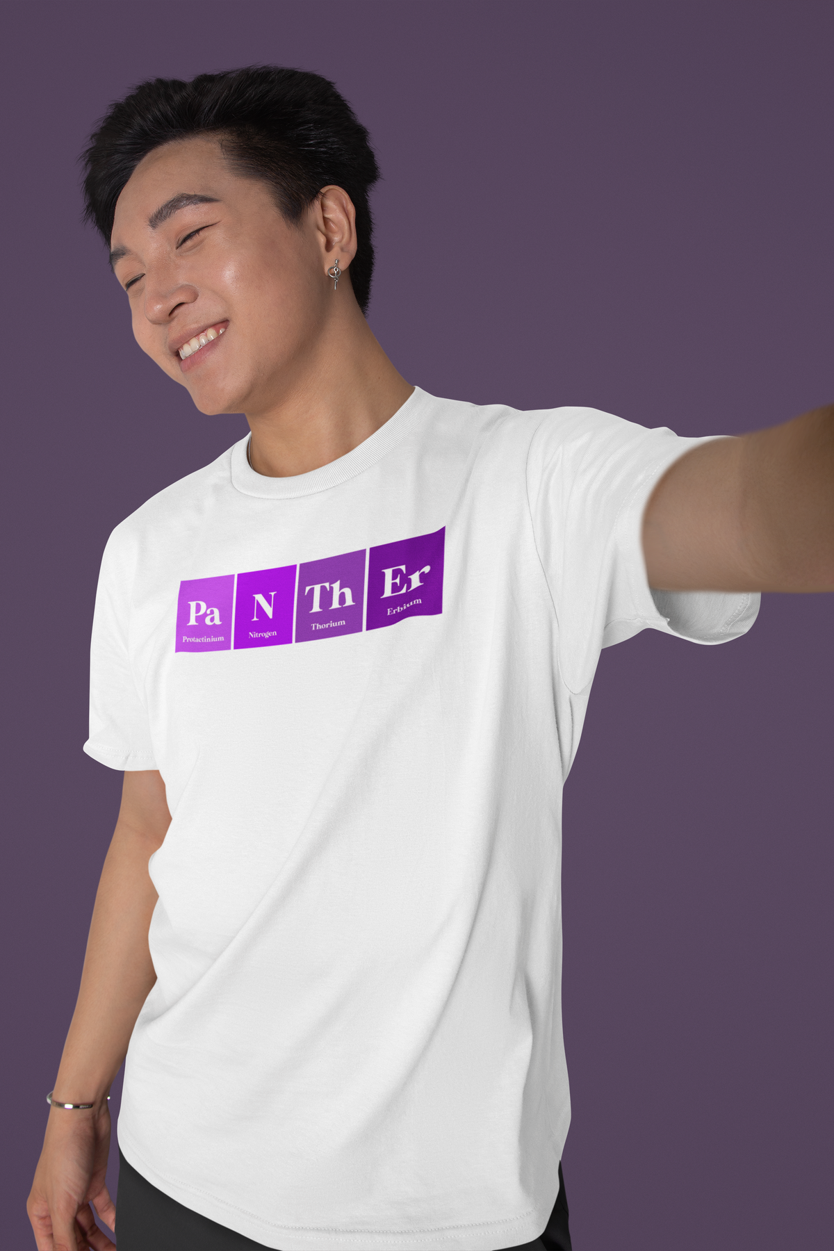 'Pa-N-Th-Er' periodic table t-shirt in black, flat lay angled view, funny science pun gift idea