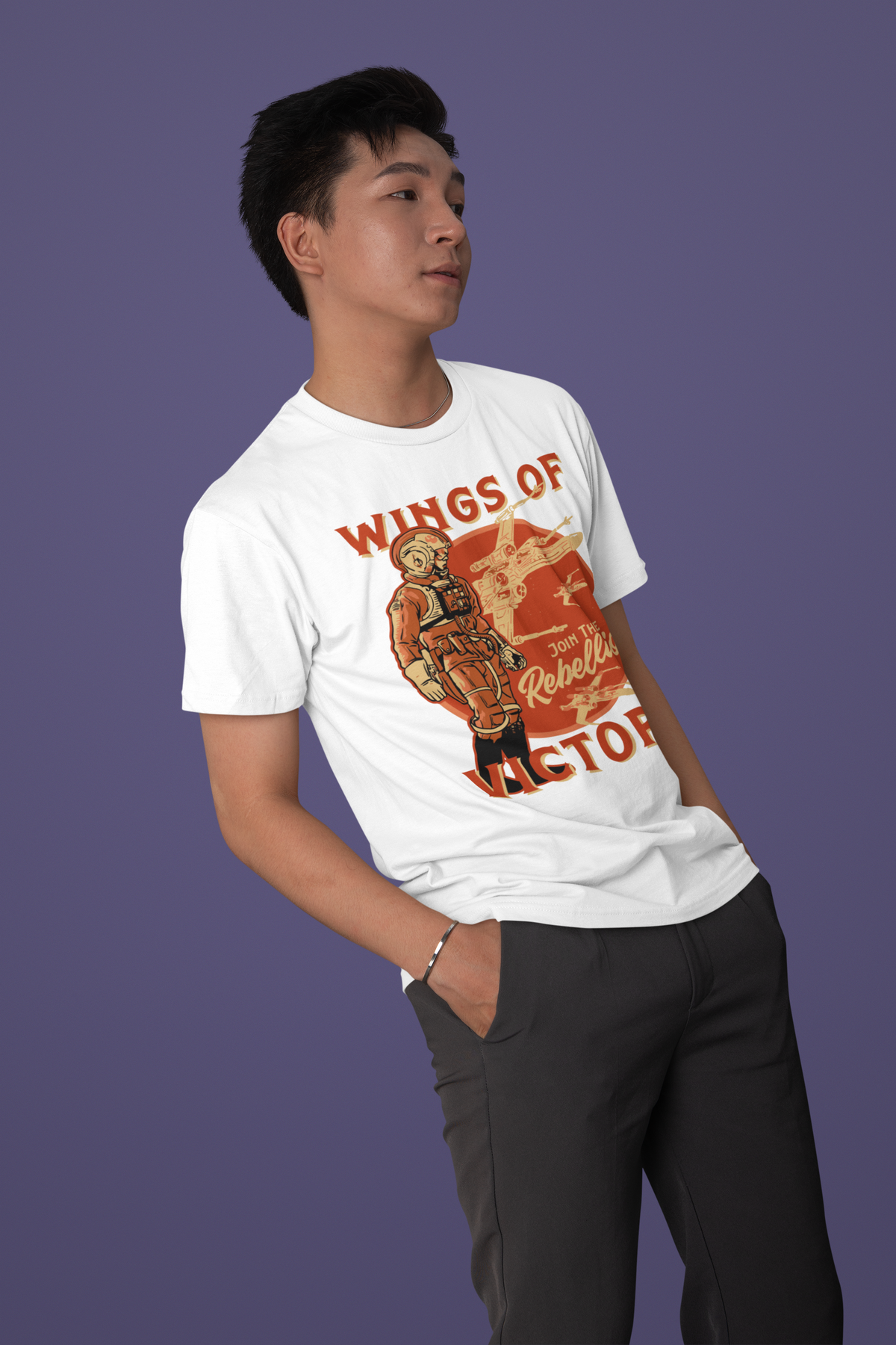 'Wings of Victory' rebellion t-shirt in white, man modeling it in studio, geeky graphic tee gift