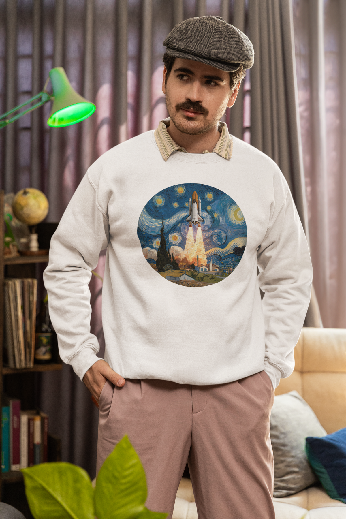 Van Gogh Spaceship Sweatshirt in sand, man wearing it indoors with newsboy cap, cozy starry night pullover