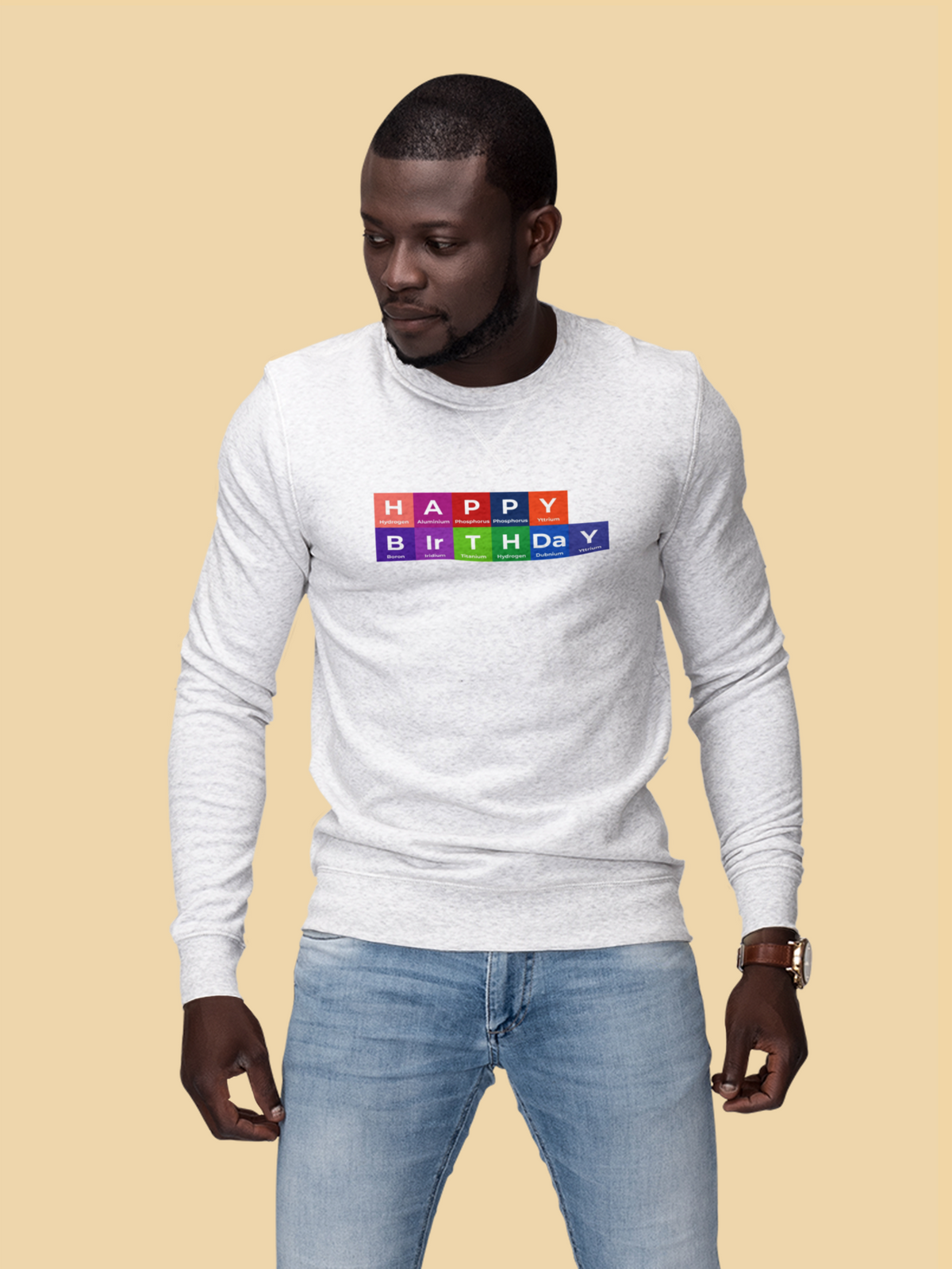 'Happy Birthday' periodic table sweatshirt in light grey, man wearing it outdoors, funny chemistry gift