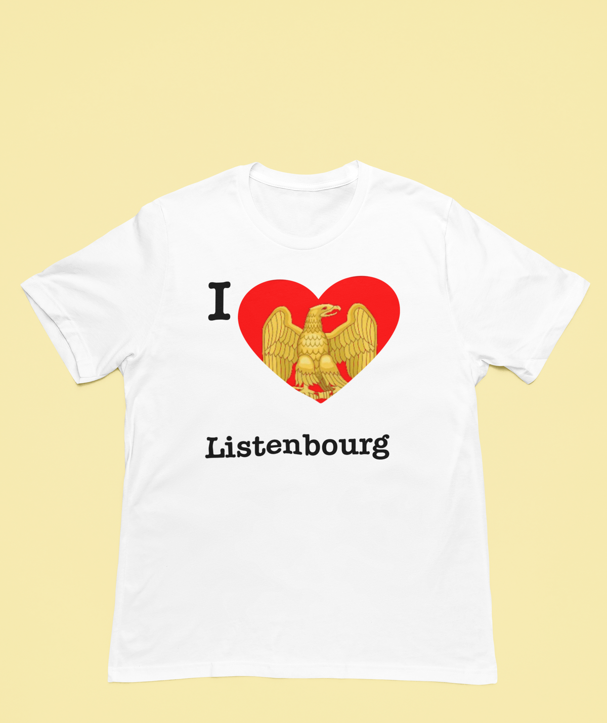 'I Love Listenbourg' t-shirt in white, flat lay front on yellow background