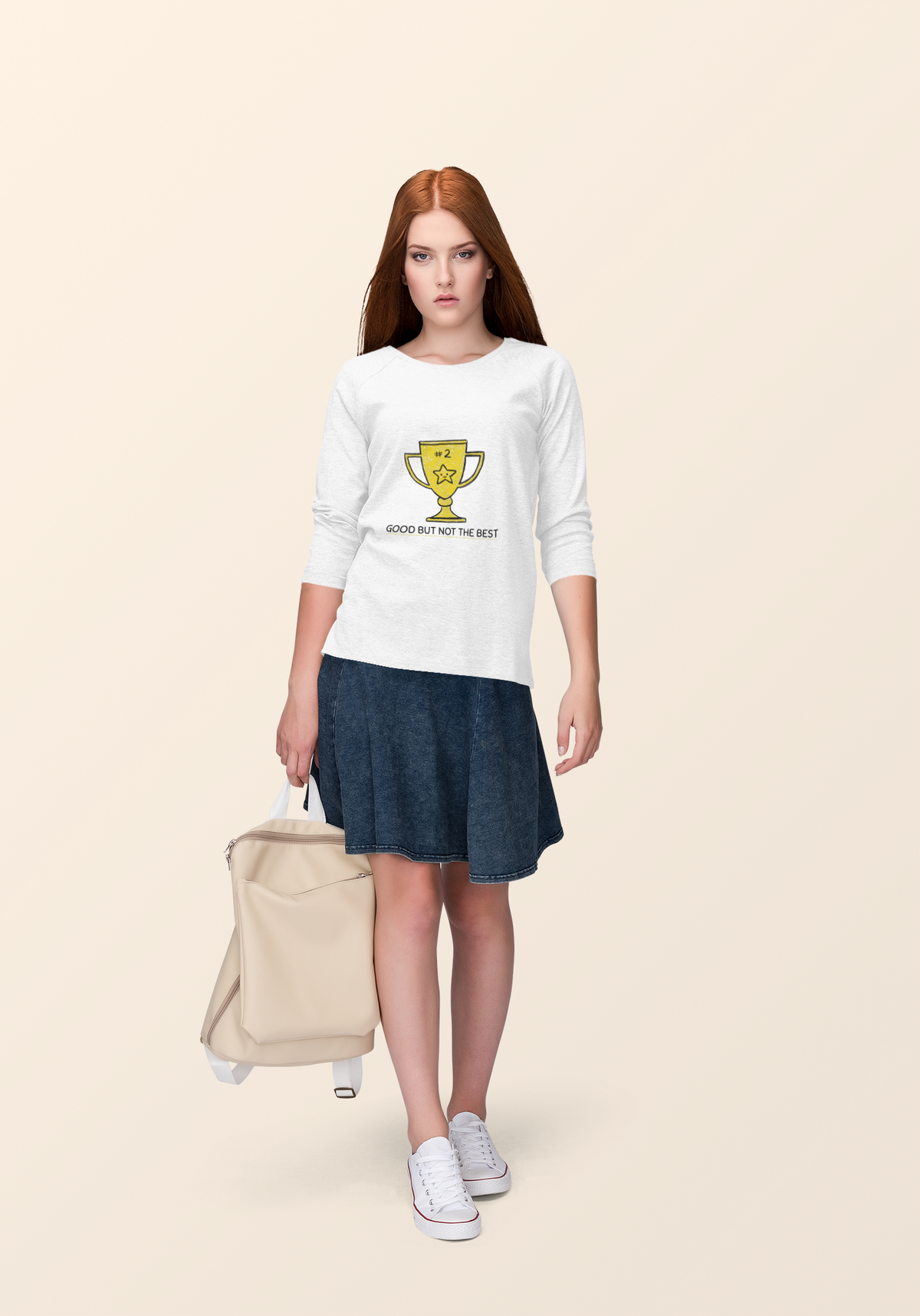 'Good But Not the Best' trophy sweatshirt in white, woman wearing it with skirt, funny casual gift for her