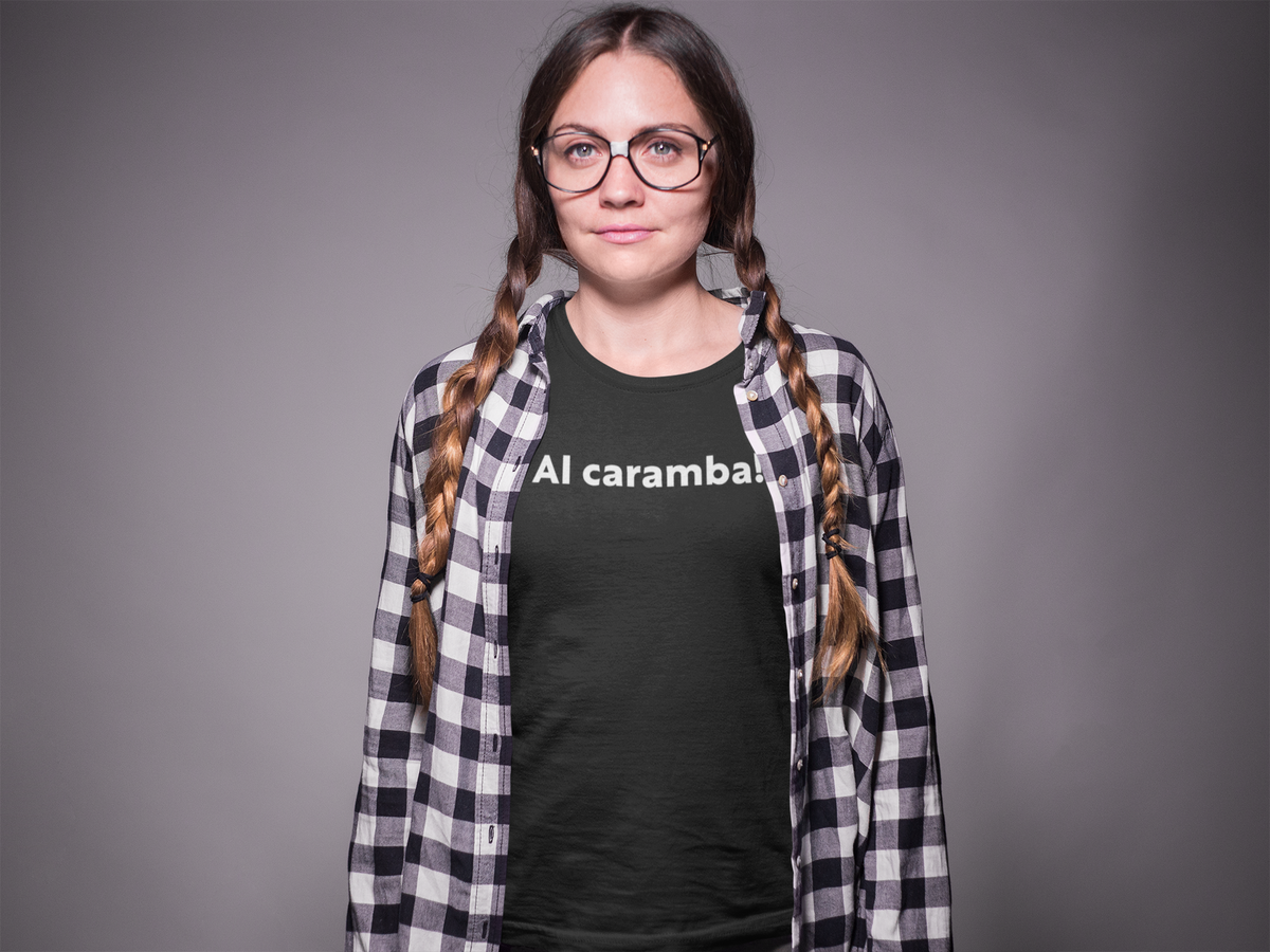 'AI Caramba!' t-shirt in black, woman wearing it with flannel, funny pun shirt for developers