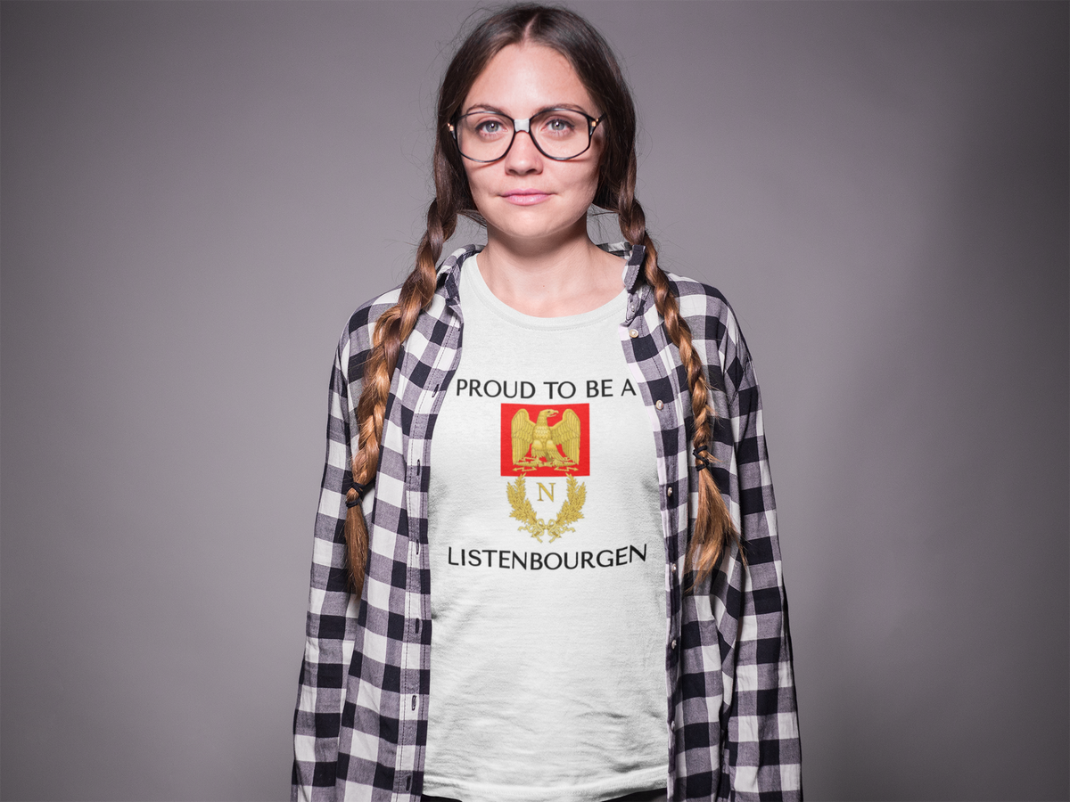 'Proud To Be A Listenbourgen' crest t-shirt in white, woman in glasses wearing it