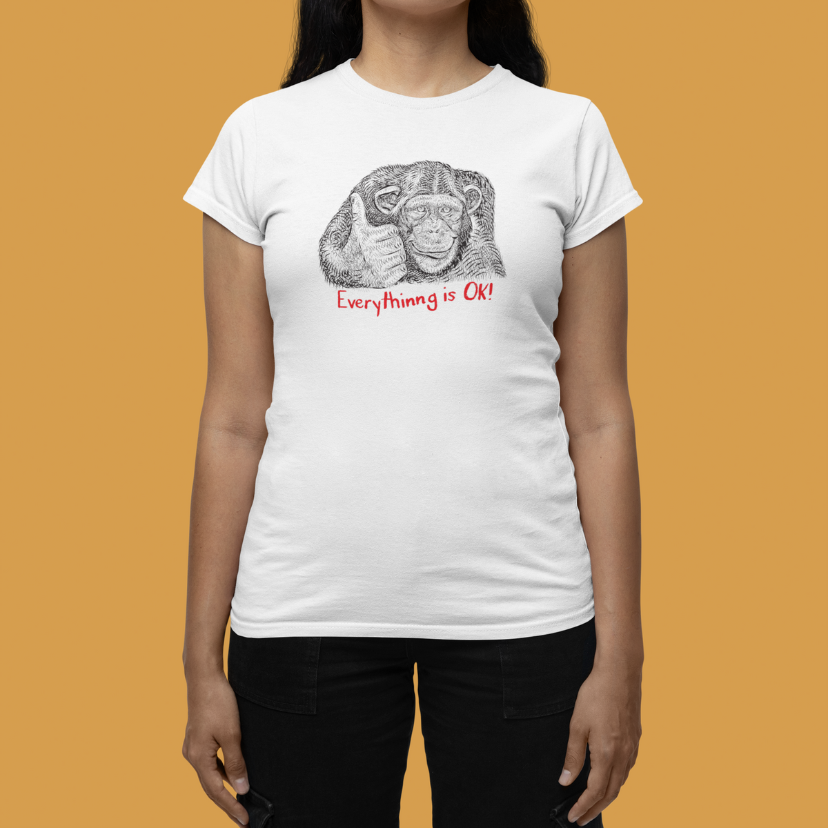 'Everything is OK' monkey women's t-shirt in white, woman wearing it, sarcastic graphic tee