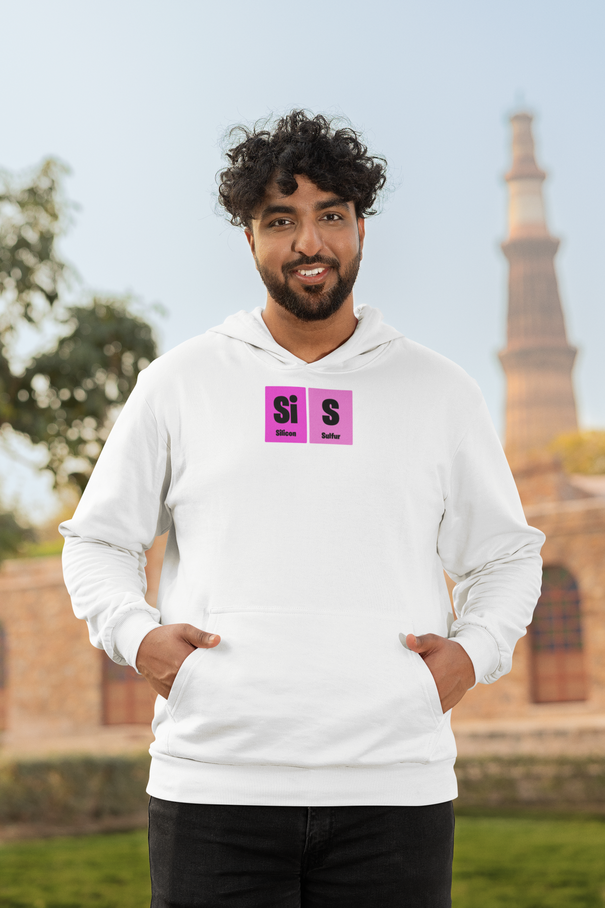 'Si-S Periodic Table Hoodie' in white, man by a historic building, Hoodie mockup, Geekpsters