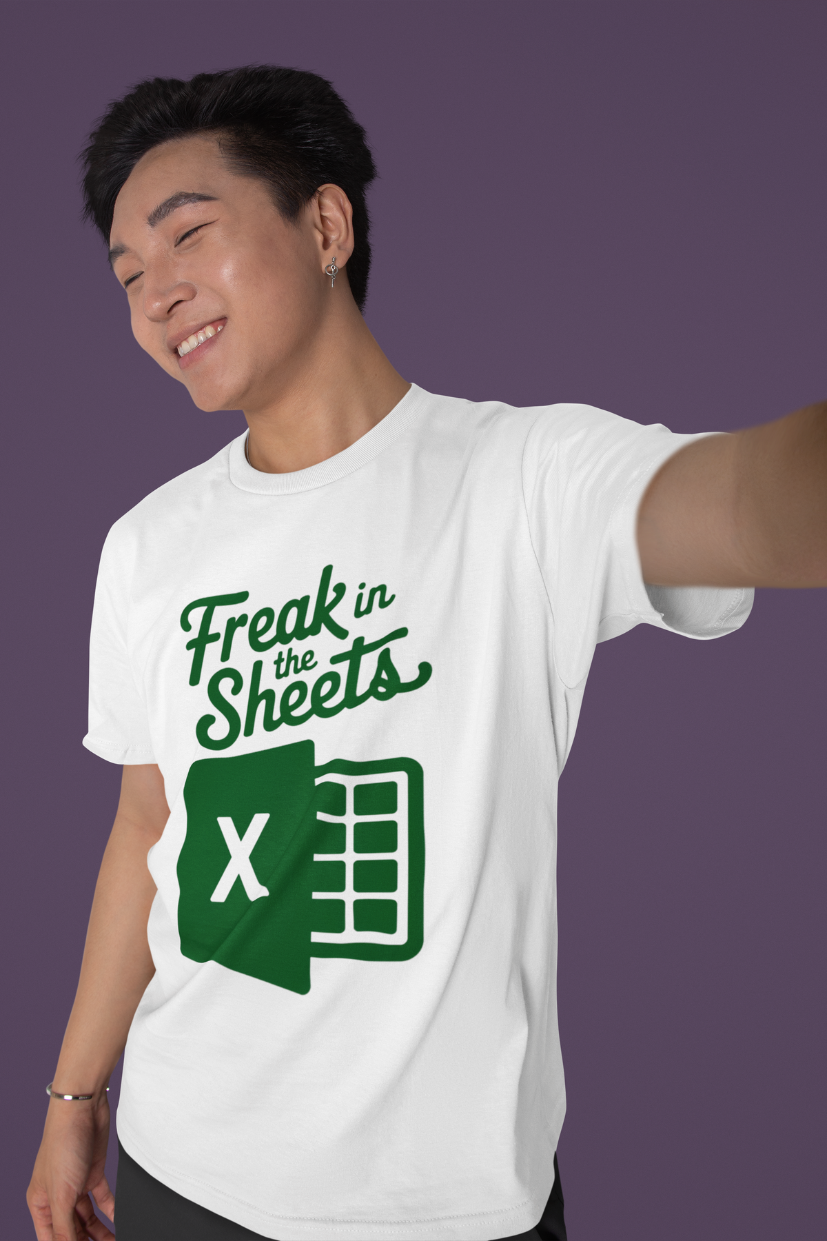 'Freak In The Sheets' t-shirt in white, man taking selfie wearing it, funny gift for Excel lovers