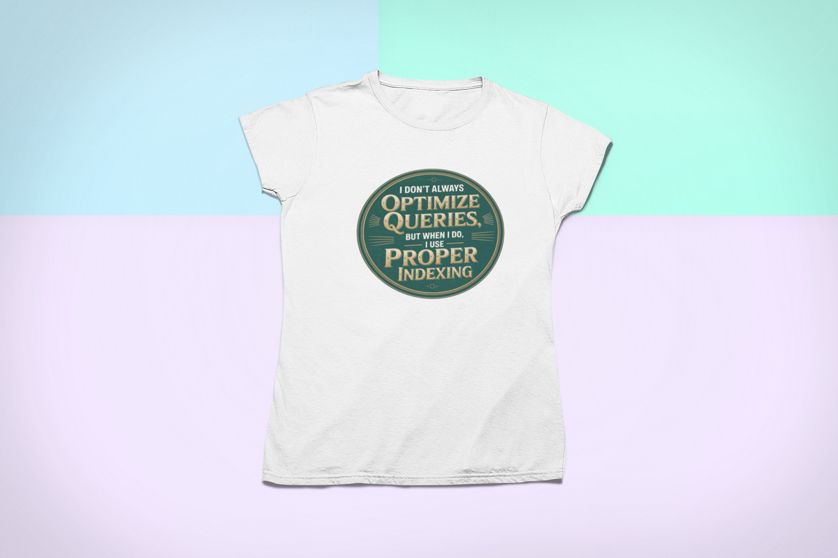 'I Don't Always Optimize Queries' t-shirt in white, flat lay on pastel background, funny developer gift