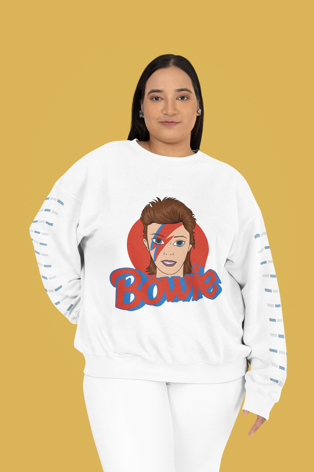 Bowie lightning bolt sweatshirt in white, curvy woman wearing it on yellow backdrop, music fan gift