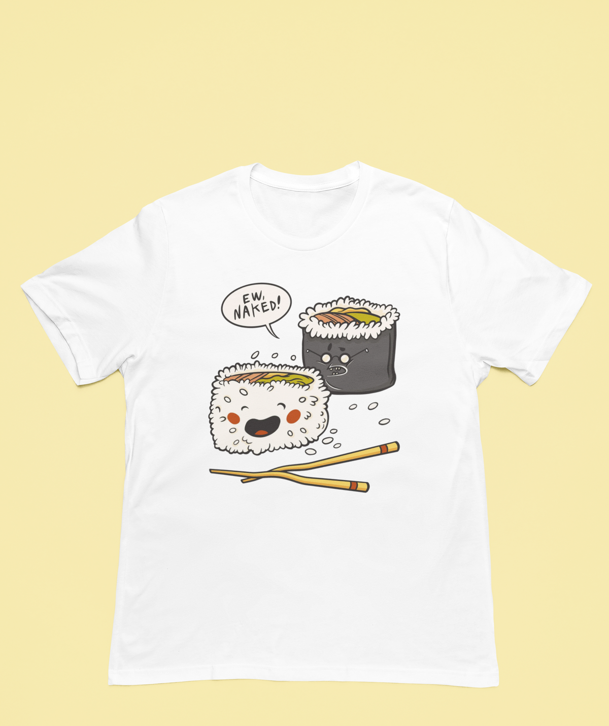 'I'm Baked' sushi t-shirt in white, flat lay on yellow background
