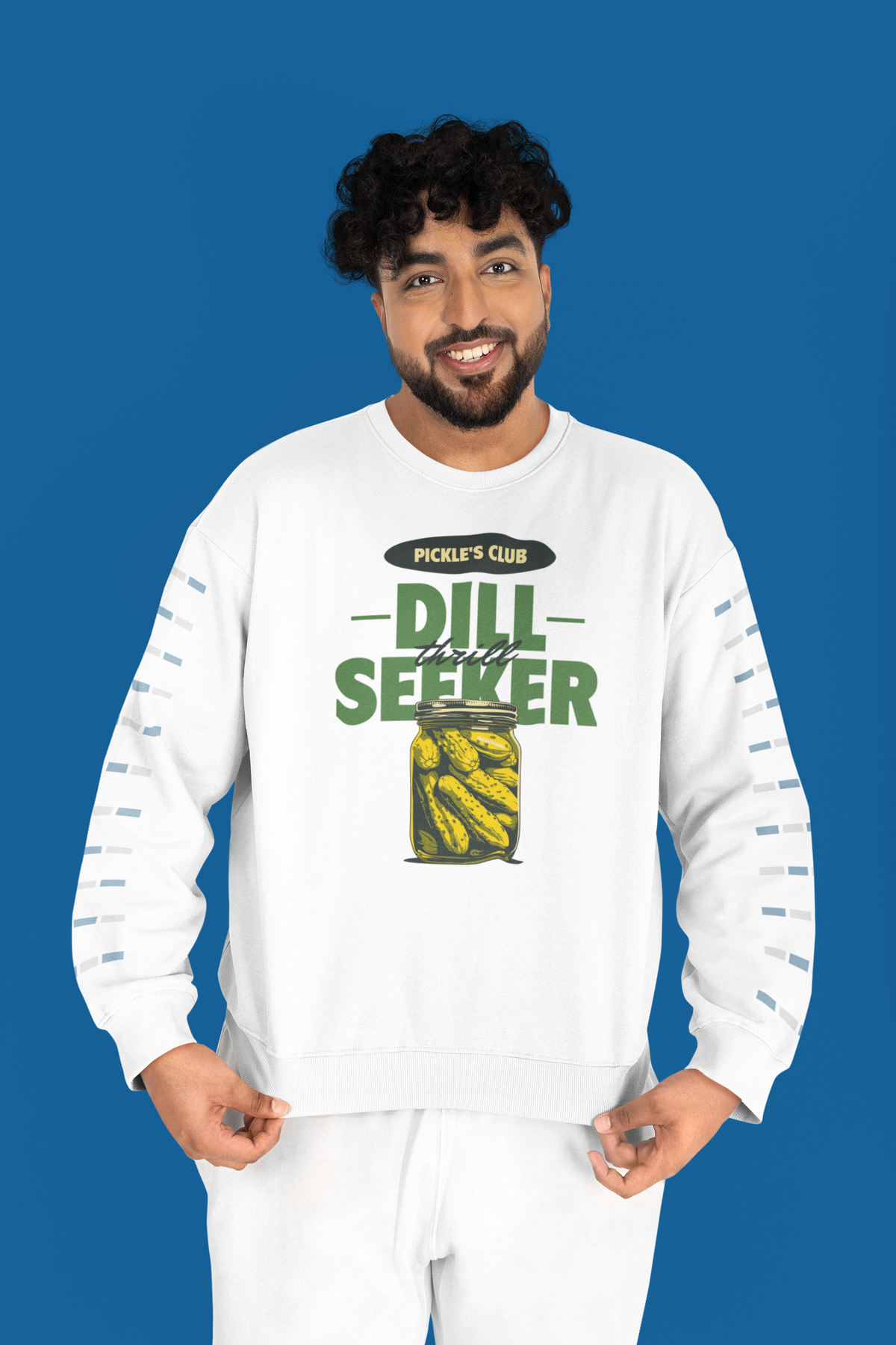 'Pickle's Club Dill Seeker' sweatshirt in white, man wearing it on a blue studio backdrop, funny pickle pun gift