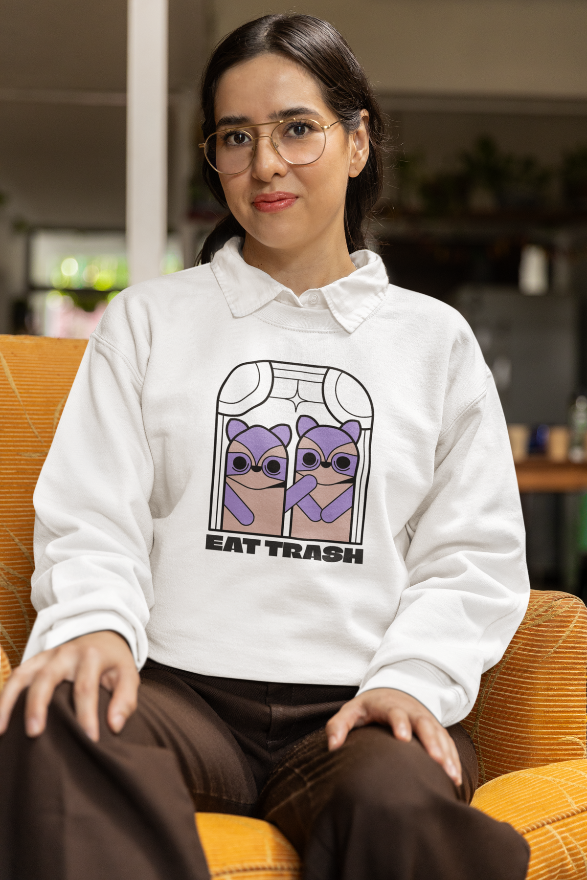 'Eat Trash Sweatshirt' in white, woman in a vintage outfit, Sweatshirt mockup, Geekpsters