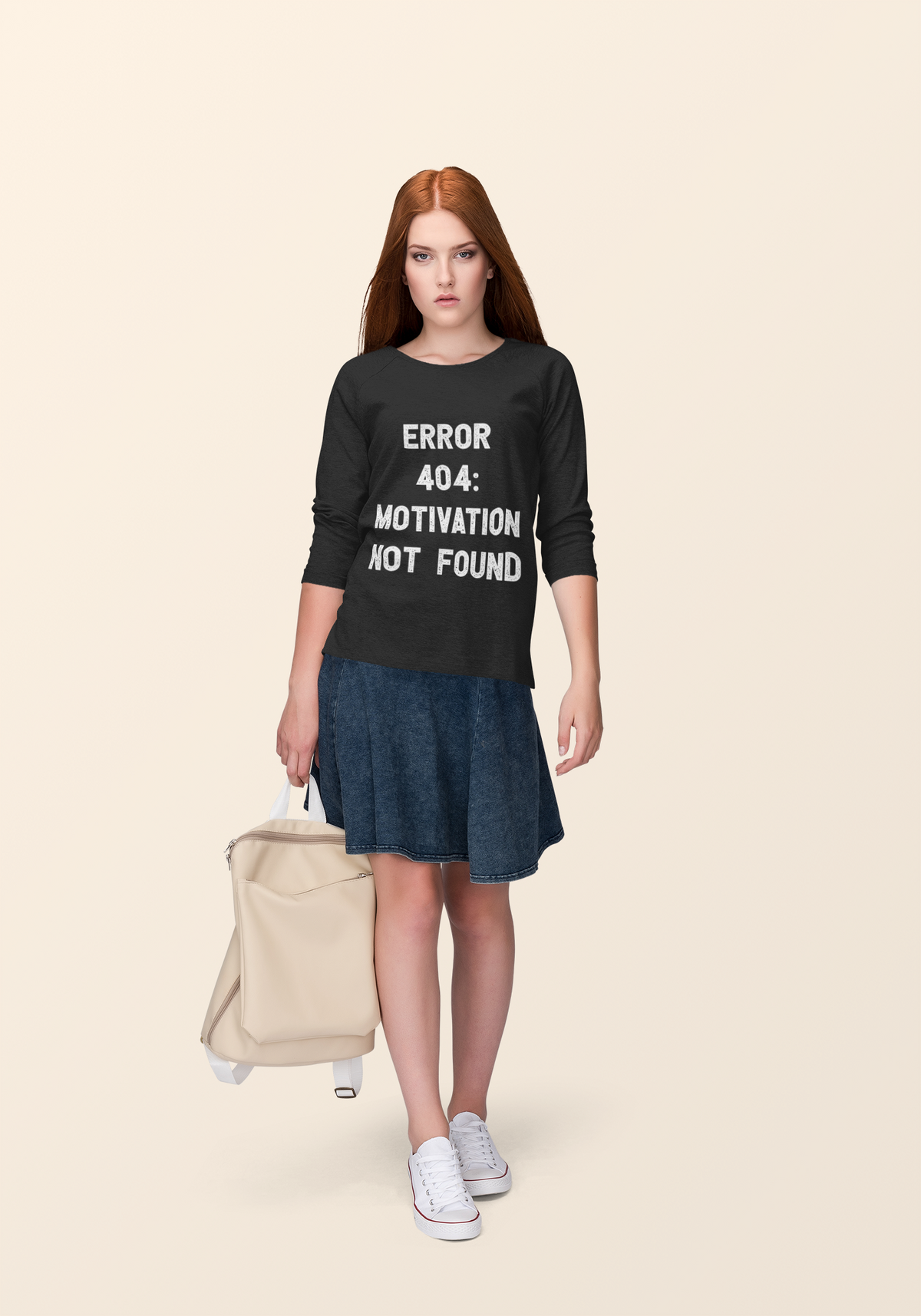 'Error 404 Motivation Not Found' sweatshirt in black, woman wearing it with skirt, lifestyle developer gift