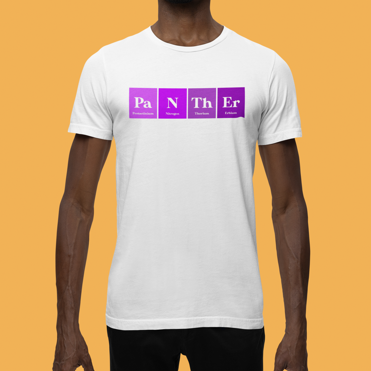 'Pa-N-Th-Er' periodic table t-shirt in white, man wearing it on an orange background, funny science gift