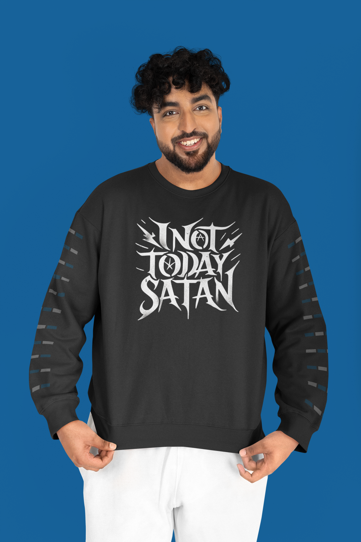 'Not Today Satan' sweatshirt in black, man on blue background, funny gothic crewneck gift for him