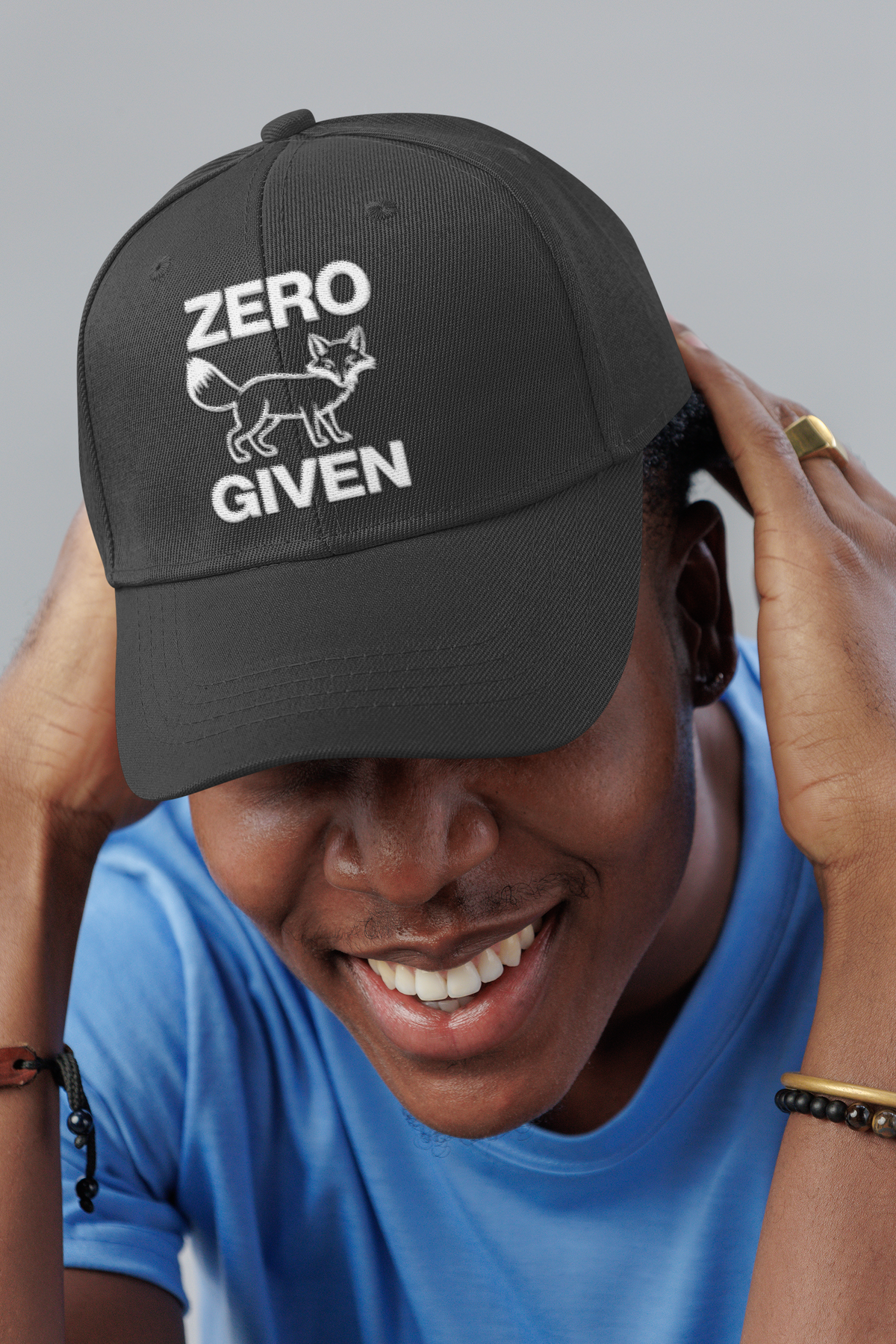 Zero Fox Given sarcastic dad hat, smiling man in a studio, lifestyle mockup, Geekpsters