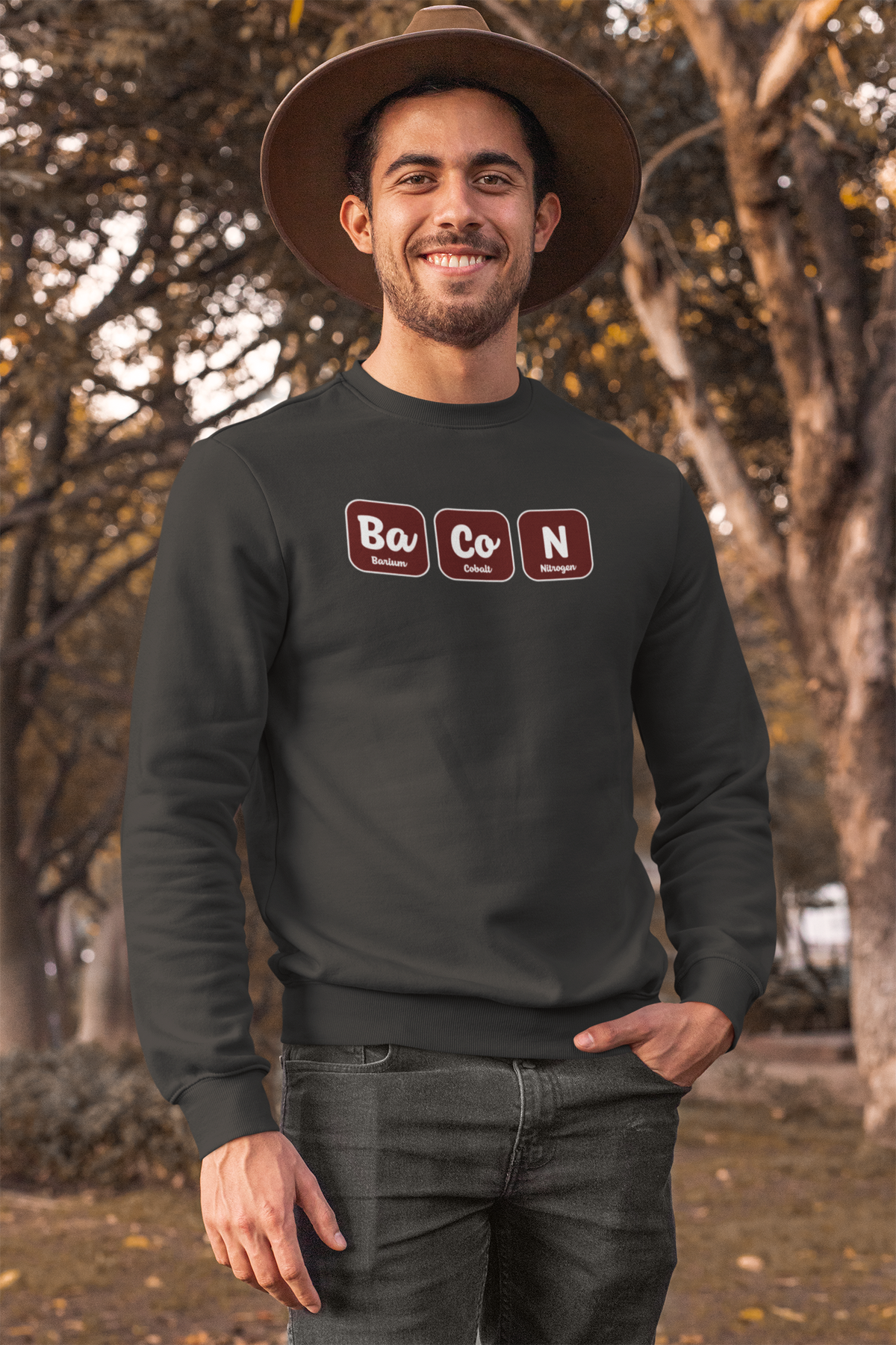 'Ba-Co-N' crewneck sweatshirt in charcoal grey, man wearing it outdoors in hat, funny foodie pun gift