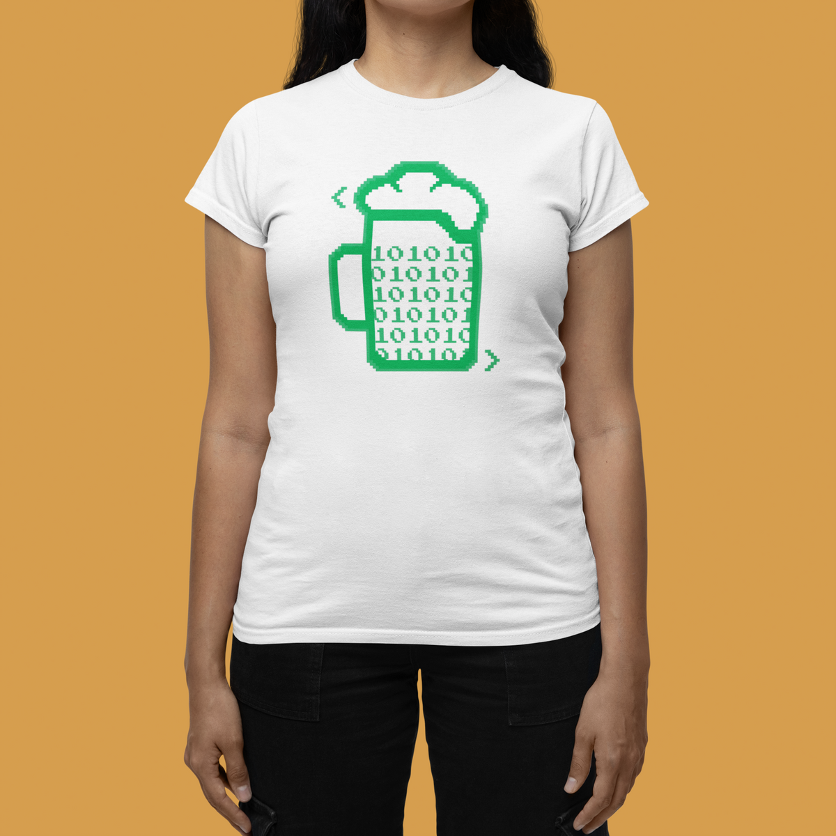 Beer Code binary mug tee in white, woman wearing it on tan backdrop, funny gift for developers