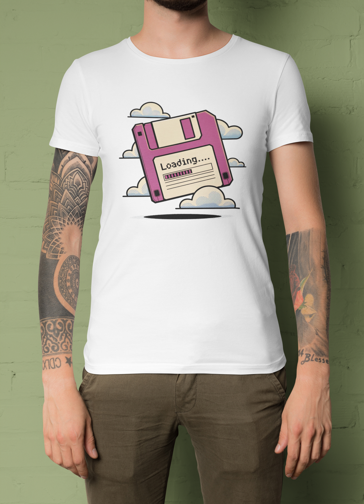 'Loading...' floppy disk T-Shirt in white, close-up on tattooed man wearing it, geeky gift idea