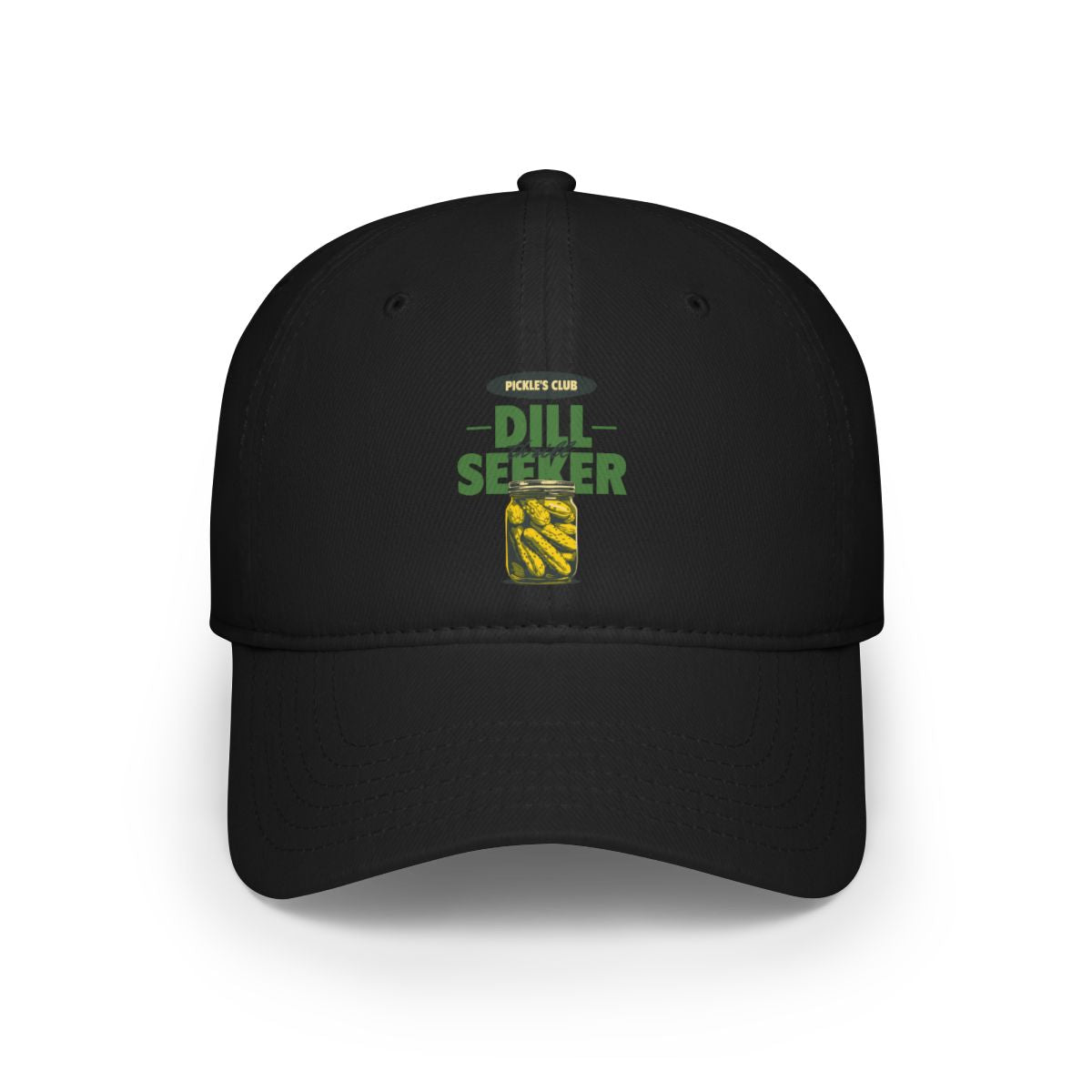 Discover cozy comfort with the "Dill Seeker- Hat," a black baseball cap featuring an embroidered design that reads "Pickle's Club Dill Seeker" above an image of pickles.