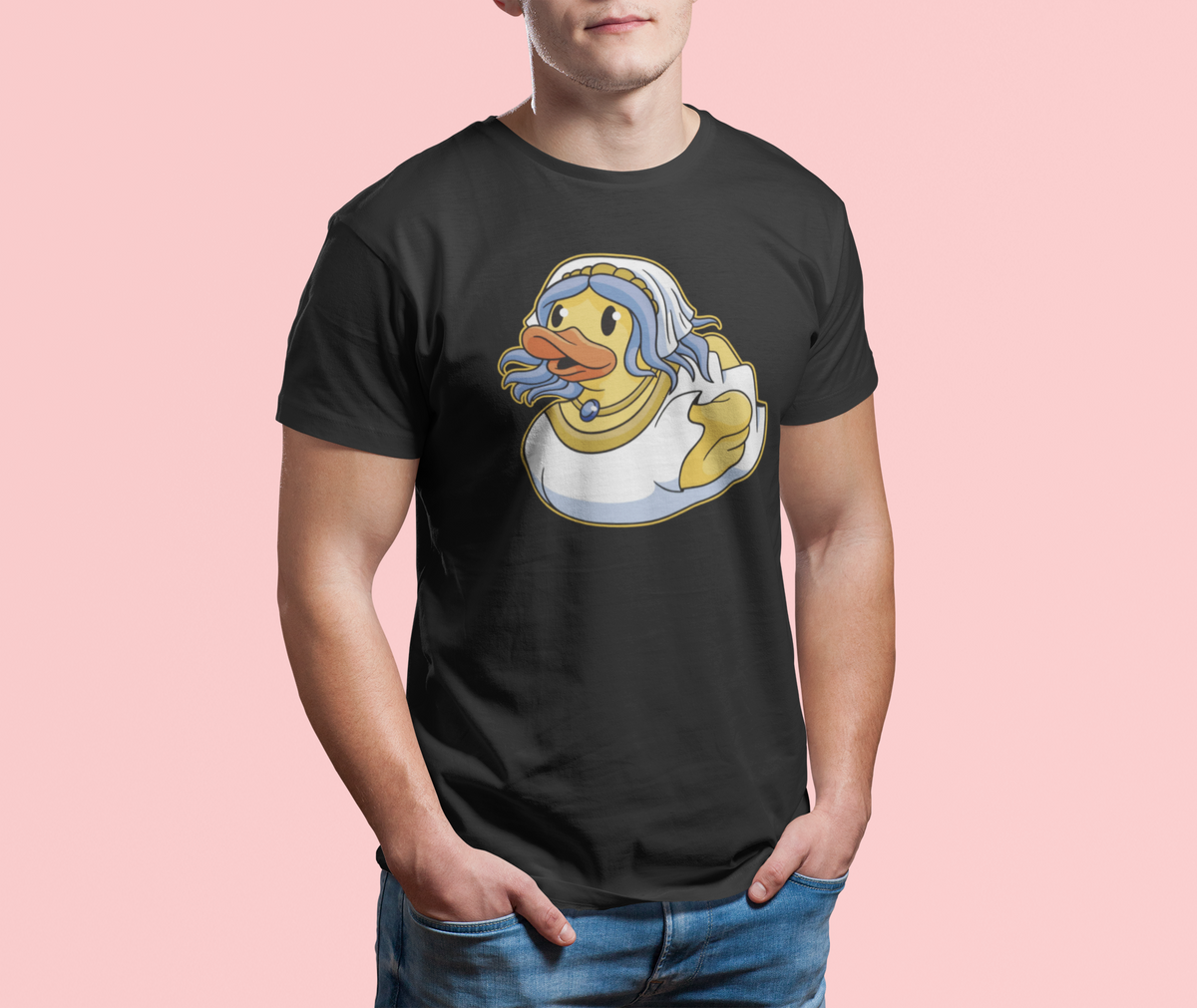Lady duck t-shirt in black, man model wearing it against a pink background, funny bachelorette party gift