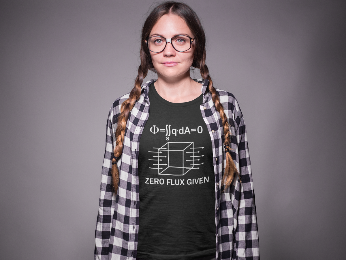 'Zero Flux Given' physics equation T-Shirt in black, woman wearing it with plaid shirt, physics teacher gift