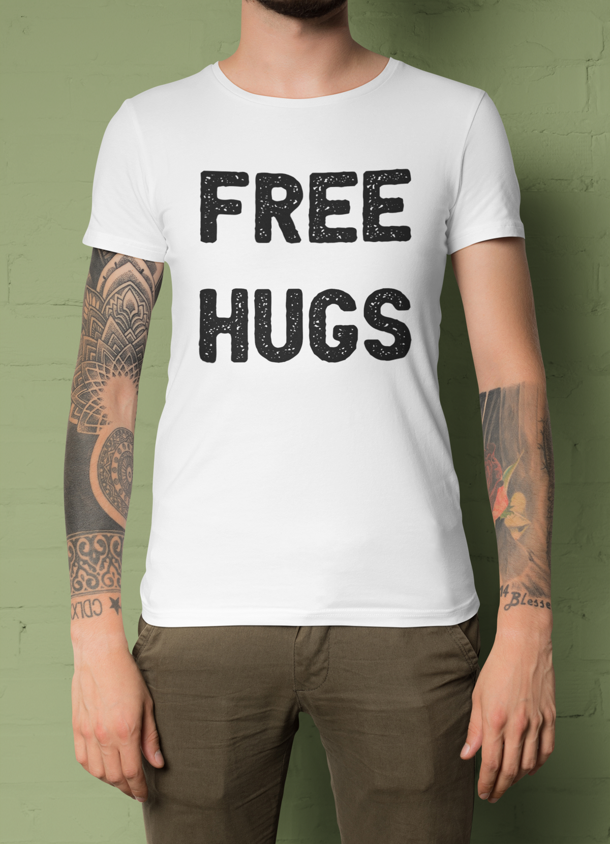 'Free Hugs' t-shirt in white, tattooed man wearing it, funny sarcastic tee gift for introverts