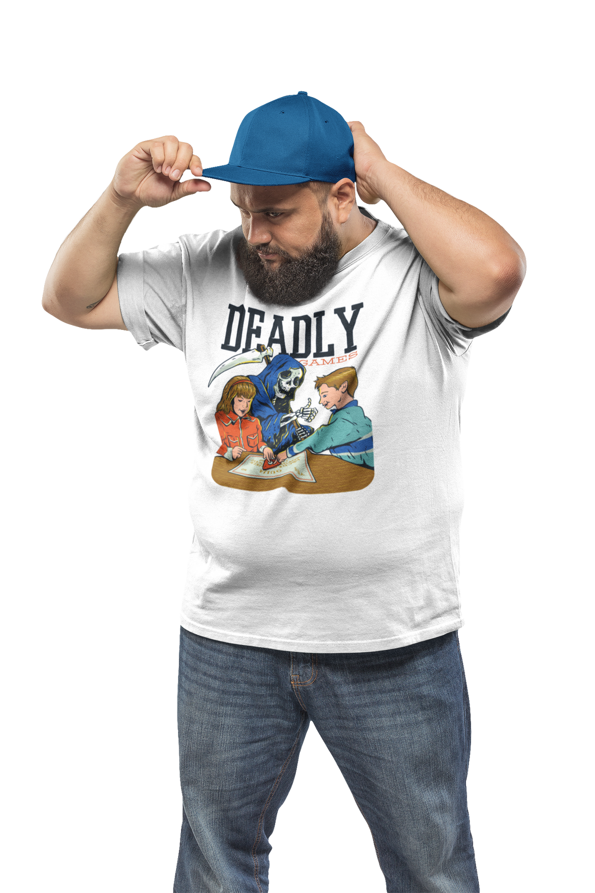 'Deadly Games' t-shirt in white, man model wearing it with a blue cap on a black background, funny horror gift