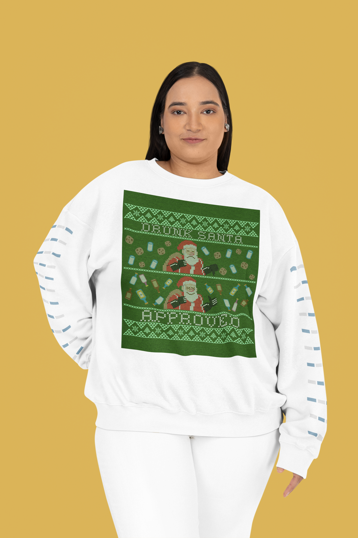 'Drunk Santa Approved' ugly christmas sweatshirt in white, woman wearing it, yellow background, gift