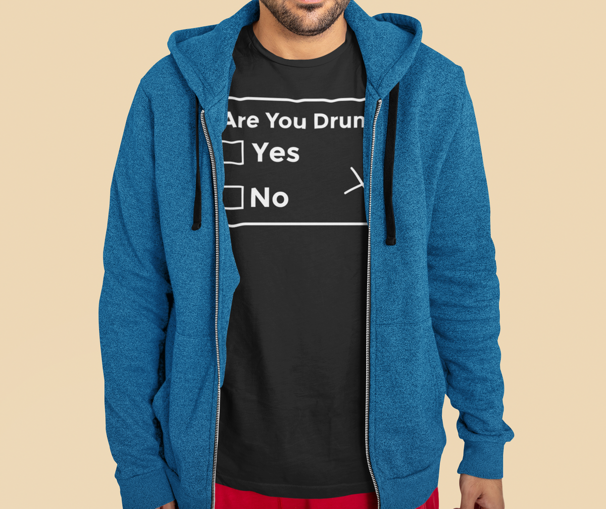 Are You Drunk checklist tee in black, man wearing it under a blue zip hoodie, funny sarcastic gift shirt
