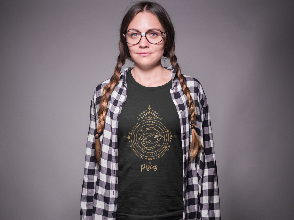 Pisces zodiac T-shirt in black, woman wearing it in a studio setting, astrology gift shirt
