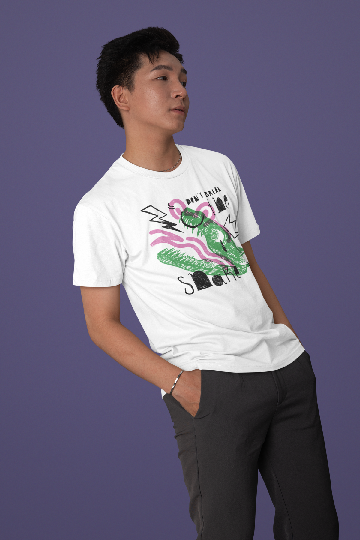 'Don't Brake The Snake' cactus t-shirt in white, man wearing it studio shot, quirky desert gift