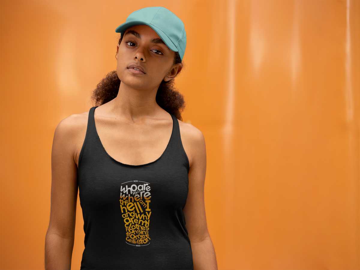 'Beer Word Art Women's Racerback Tank' in black, woman by an orange wall, Tank Top mockup, Geekpsters