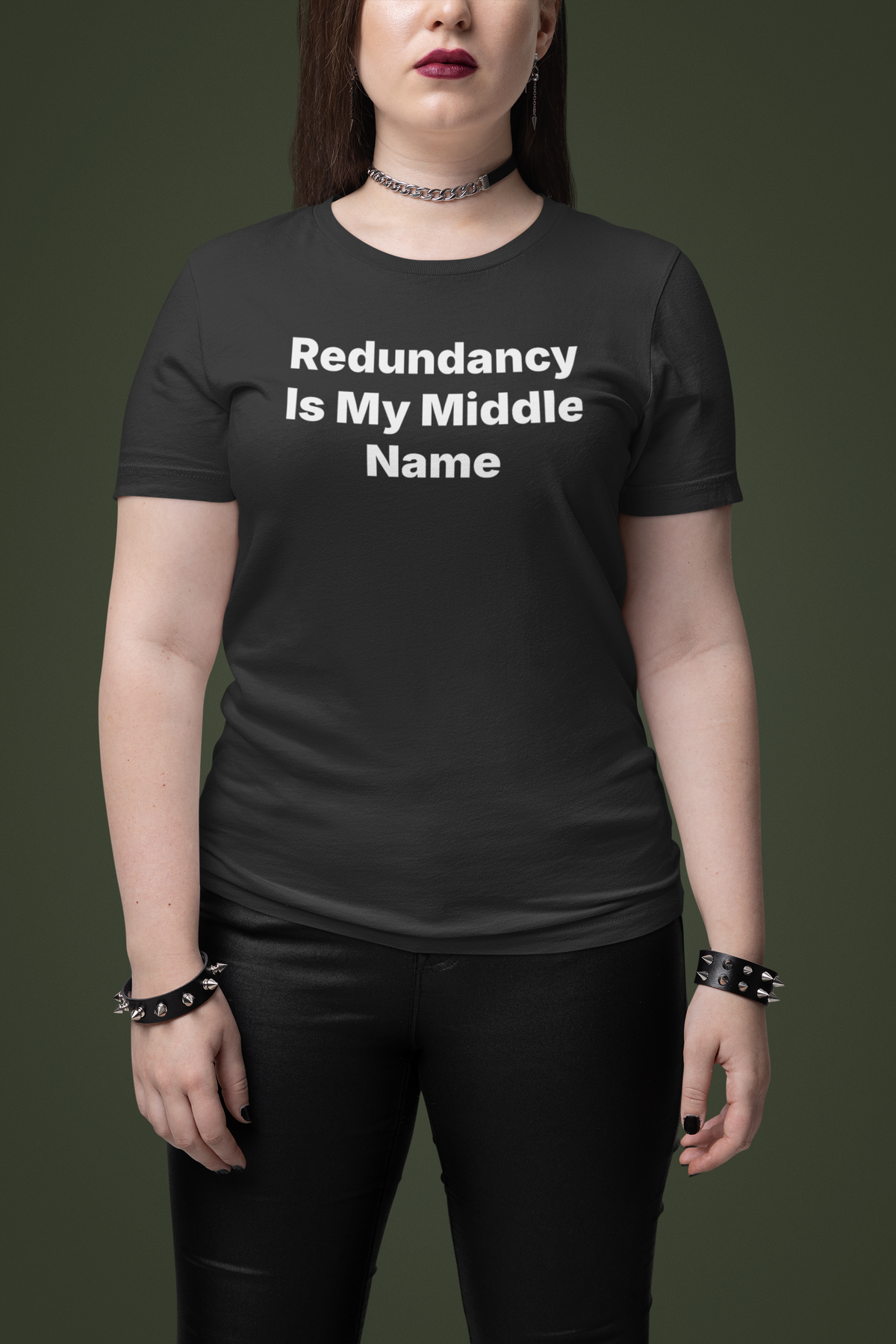 'Redundancy Is My Middle Name' t-shirt in black, woman wearing it front view, funny tech tee gift idea