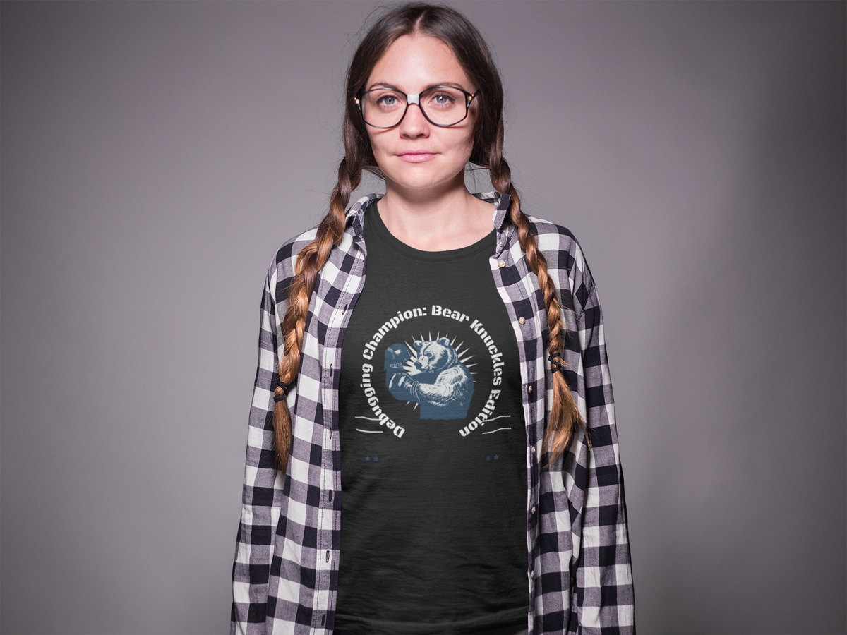 'Debugging Champion' bear graphic t-shirt in black, woman wearing it, funny coder tee gift for her