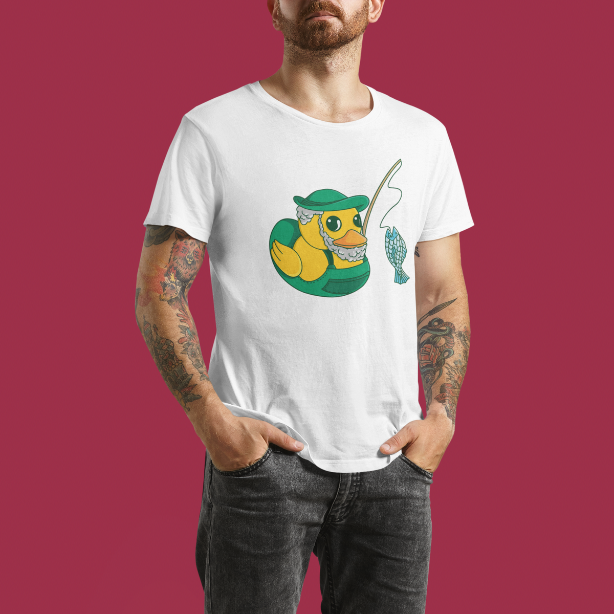 Fisherman duck t-shirt in white, man model wearing it against a maroon background, funny fisherman gift