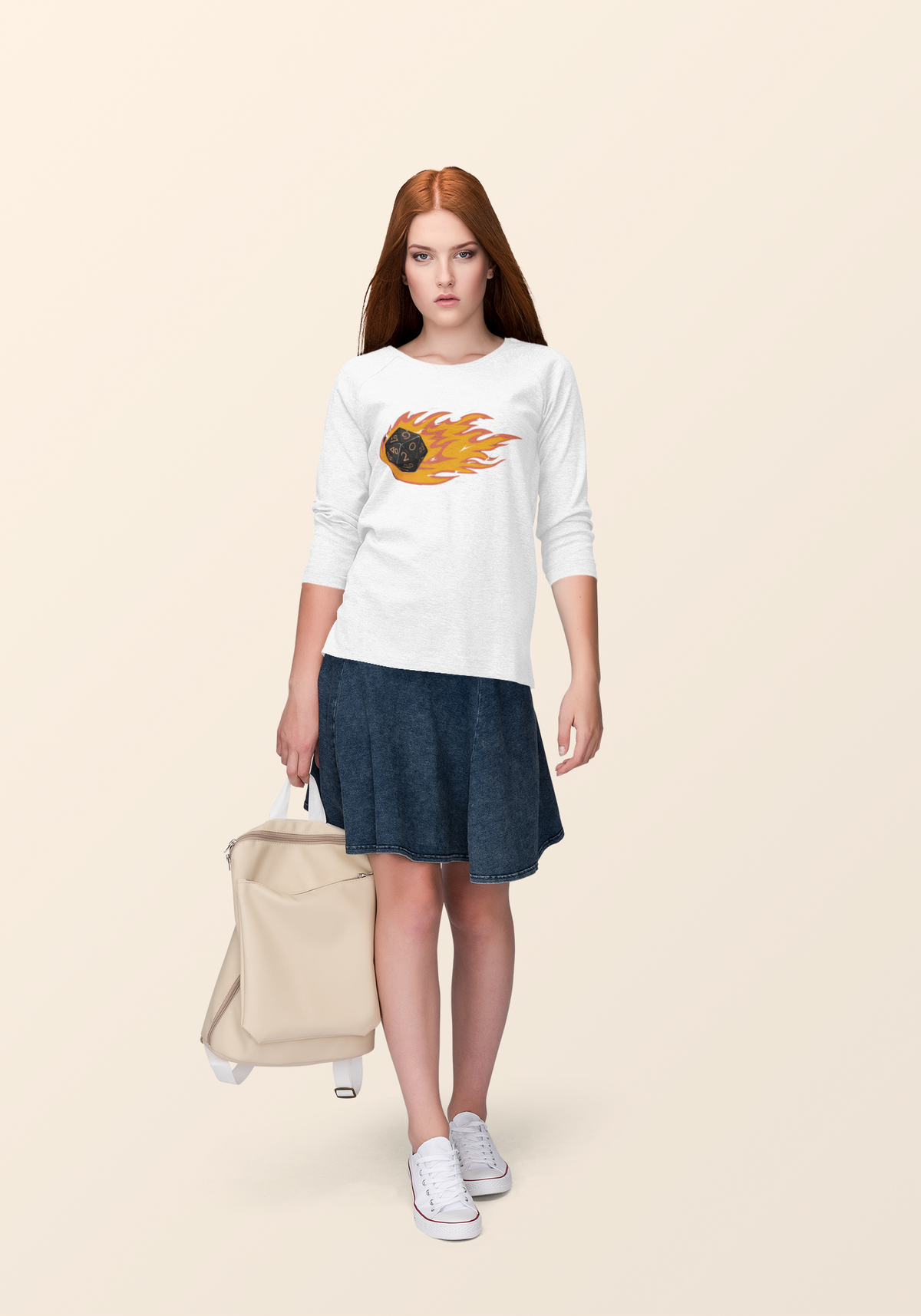 "Polyhedral Dice On Fire" sweatshirt in white, woman walking with a suitcase, funny tabletop gamer gift