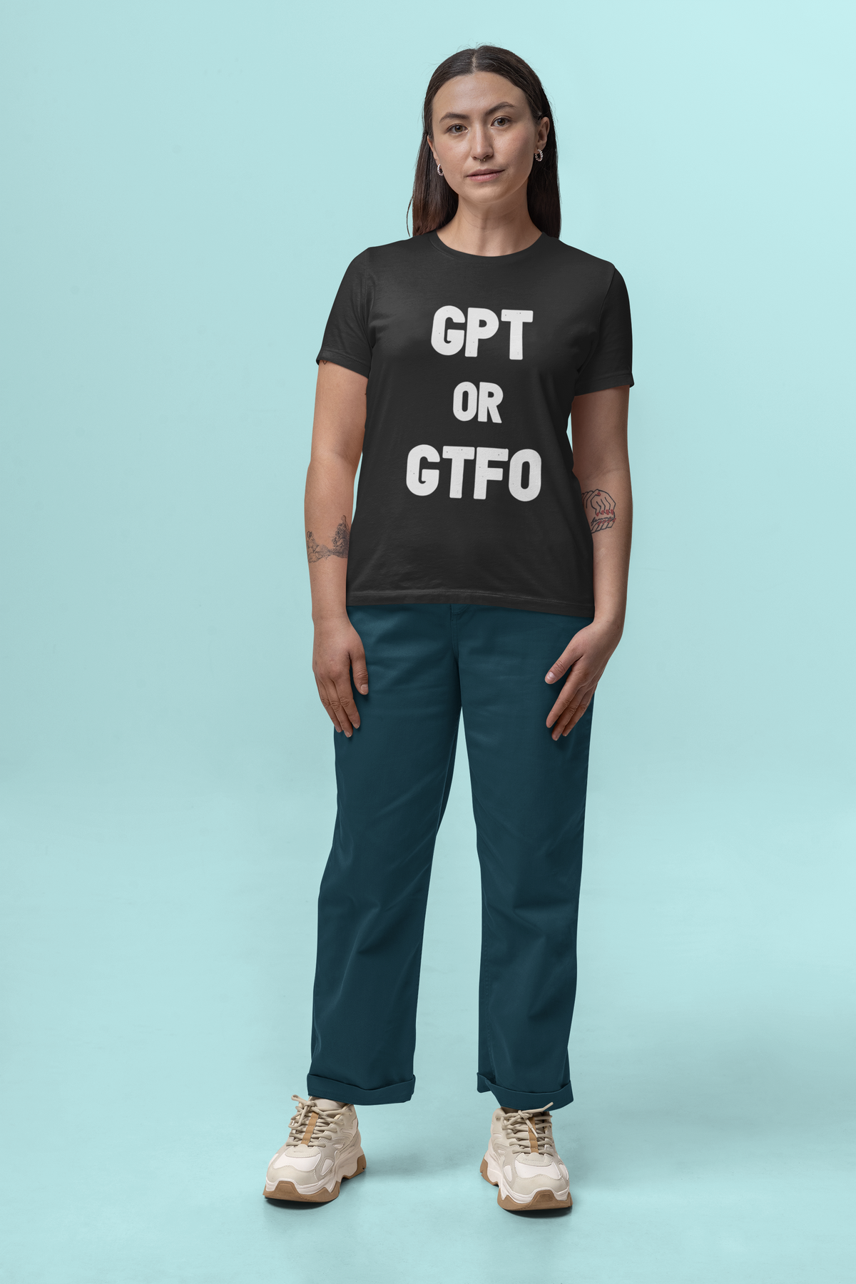 'GPT or GTFO' t-shirt in dark heather, woman wearing it full body, funny gift for coders