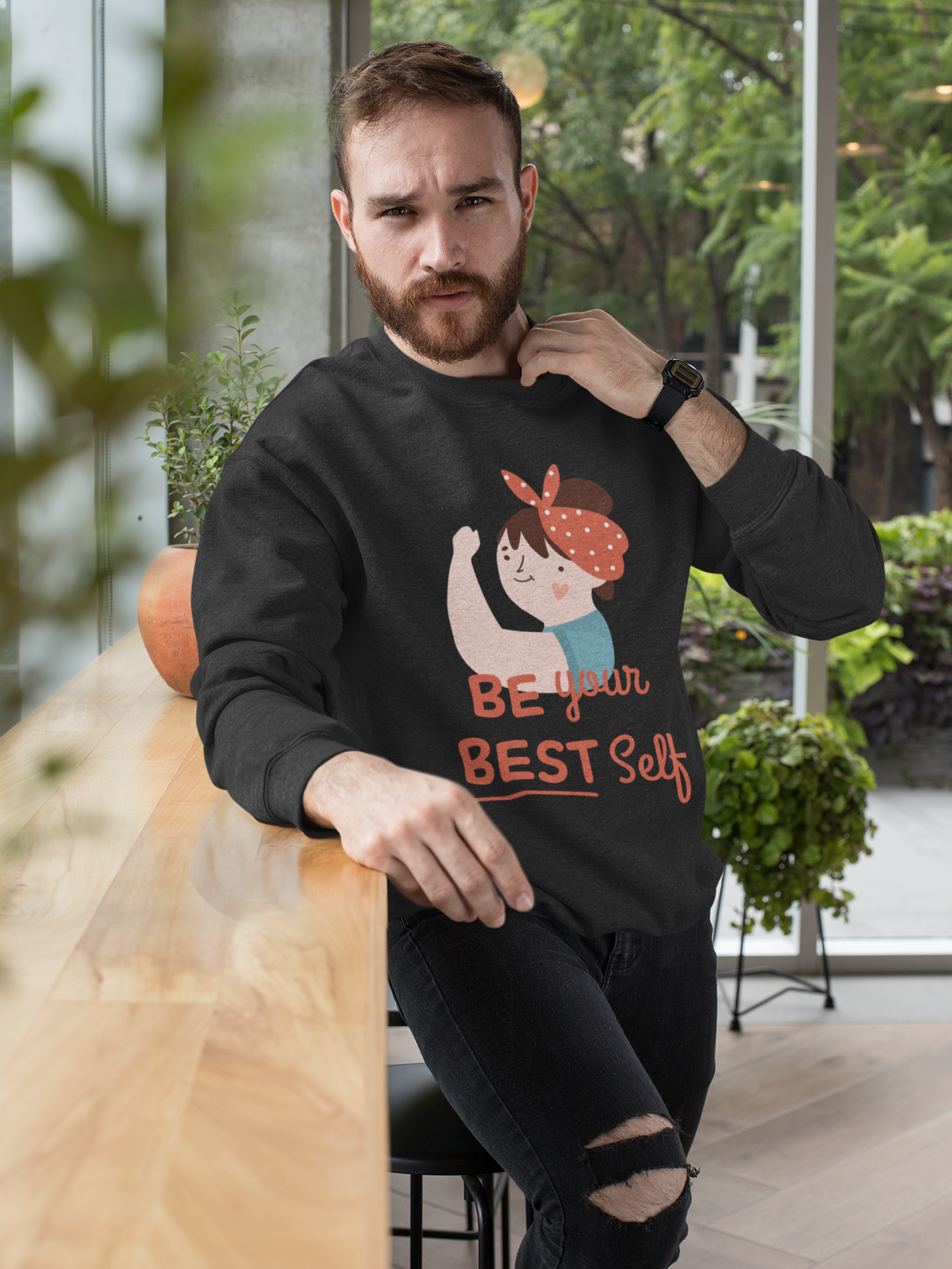 Be Your Best Self sweatshirt in black, bearded man wearing it outdoors, motivational streetwear gift