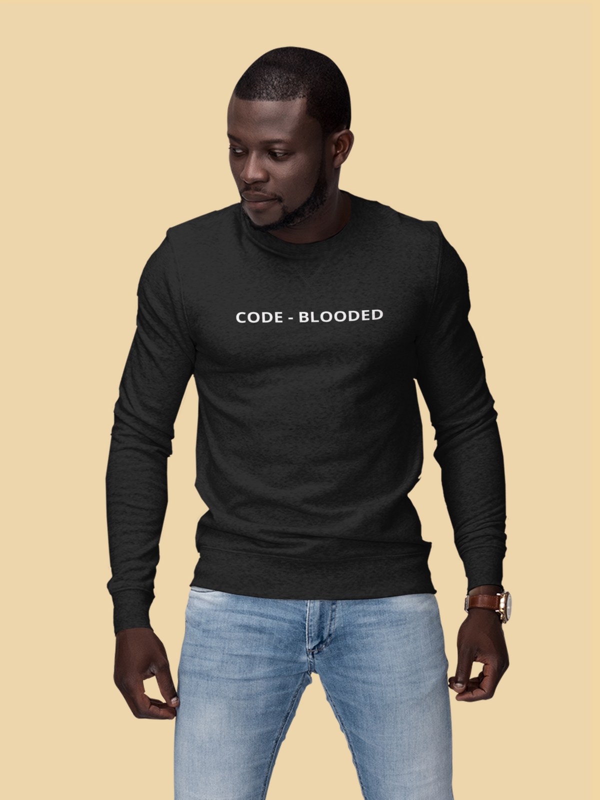 'Code - Blooded' sweatshirt in black, man wearing it on tan background, funny gift for programmers