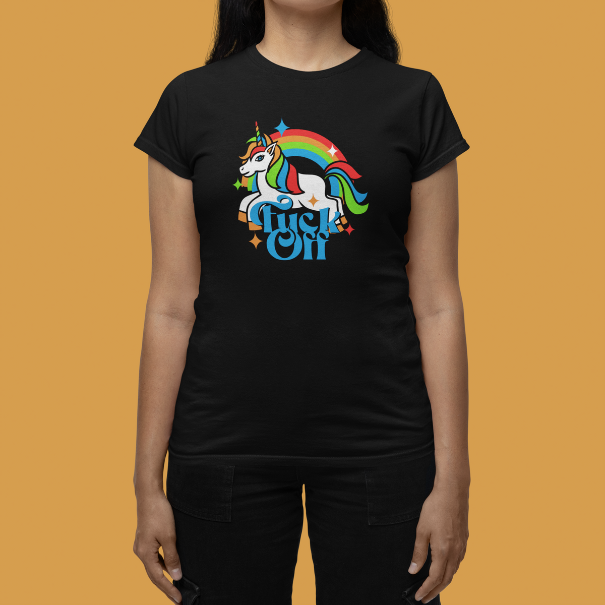 F Off Women's Tee in black, flat lay front on mustard background, funny unicorn graphic tee