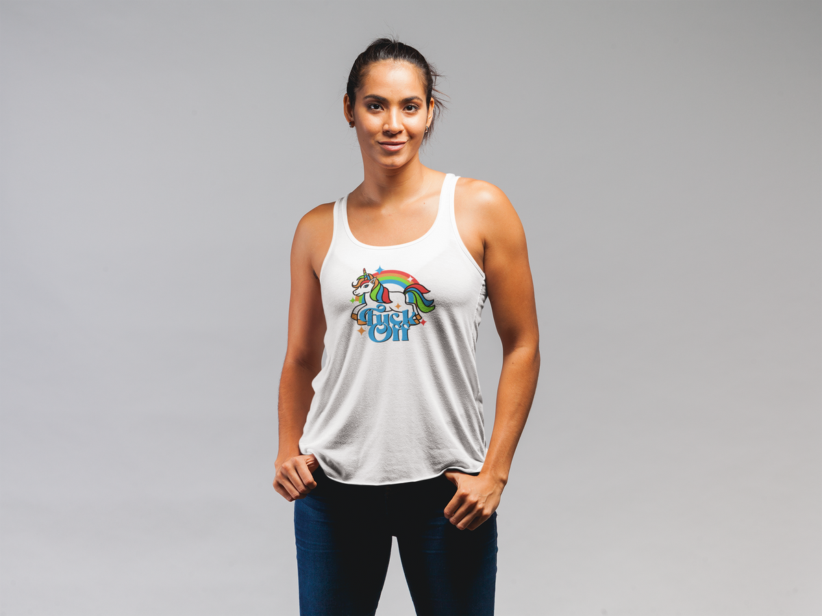 F Off Women's Tank in white, woman wearing it, funny unicorn rainbow tank gift for her